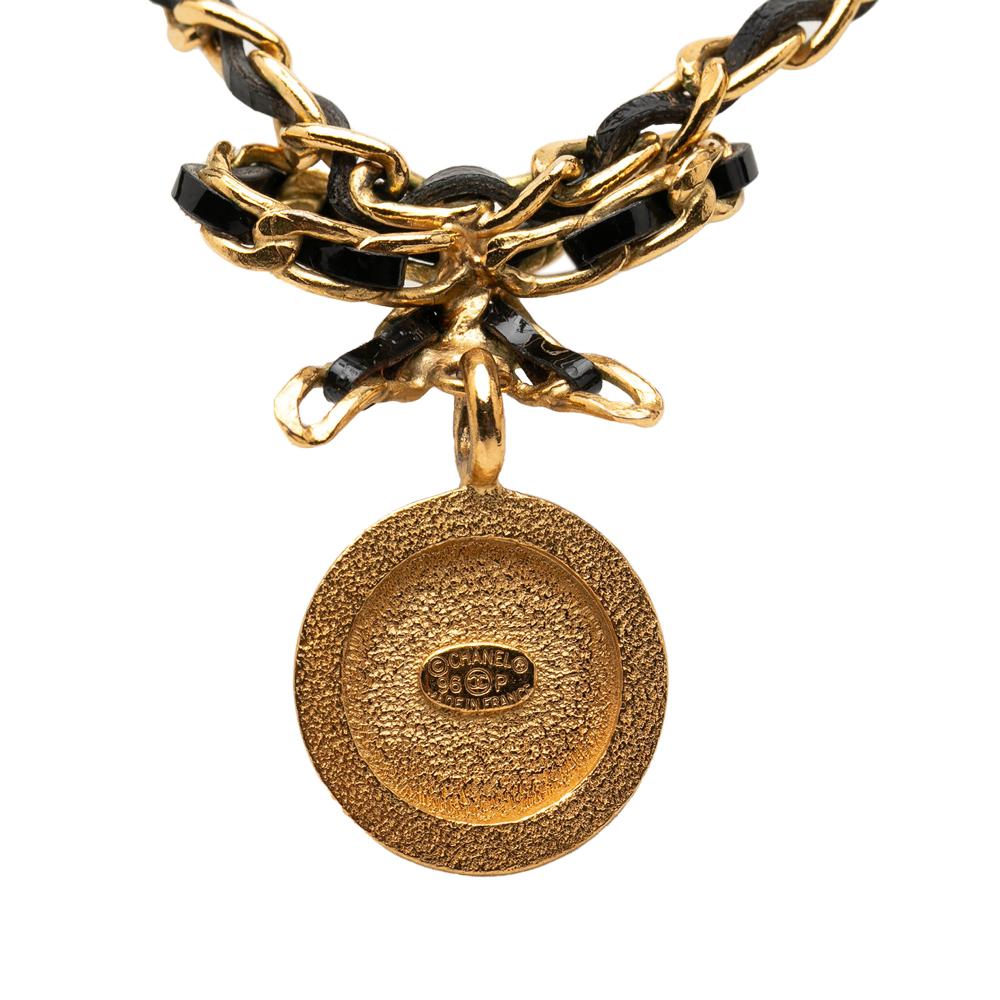 Chanel B Chanel Gold with Black Gold Plated Metal Leather and Medallion Bow Pendant Necklace France