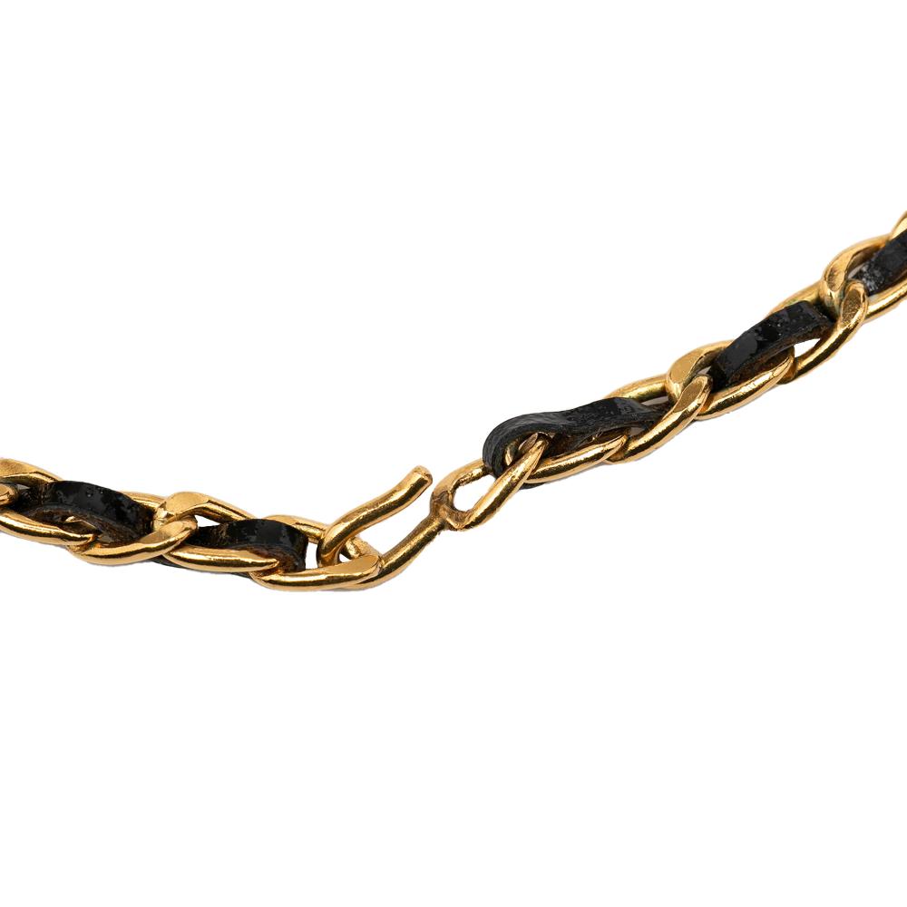 Chanel B Chanel Gold with Black Gold Plated Metal Leather and Medallion Bow Pendant Necklace France