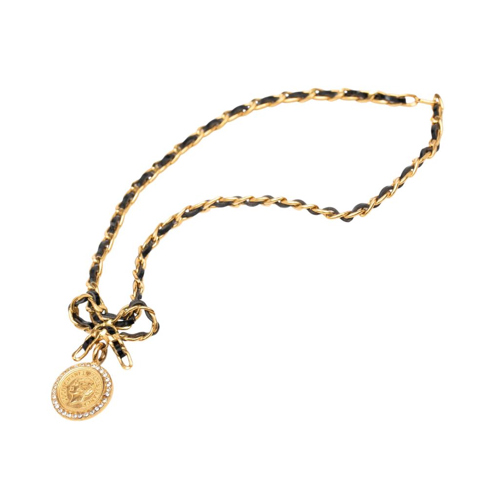 Chanel B Chanel Gold with Black Gold Plated Metal Leather and Medallion Bow Pendant Necklace France