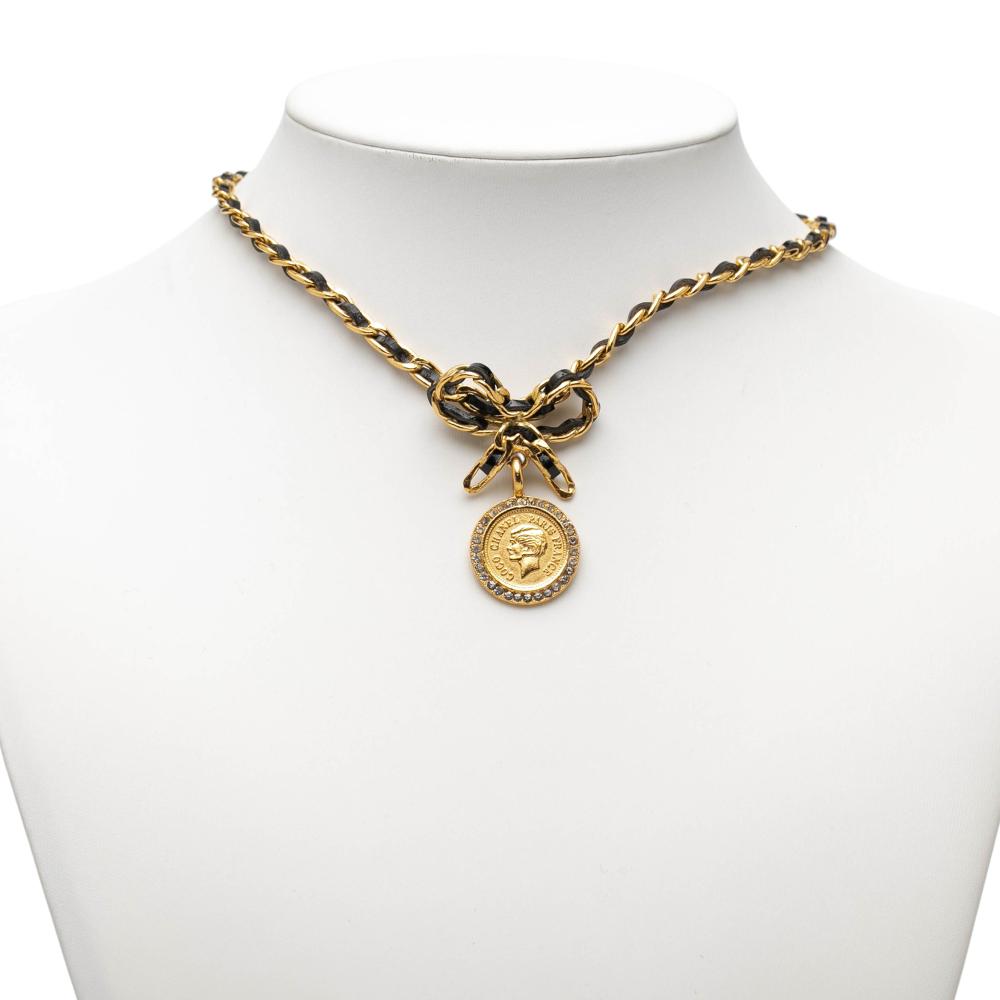 Chanel B Chanel Gold with Black Gold Plated Metal Leather and Medallion Bow Pendant Necklace France