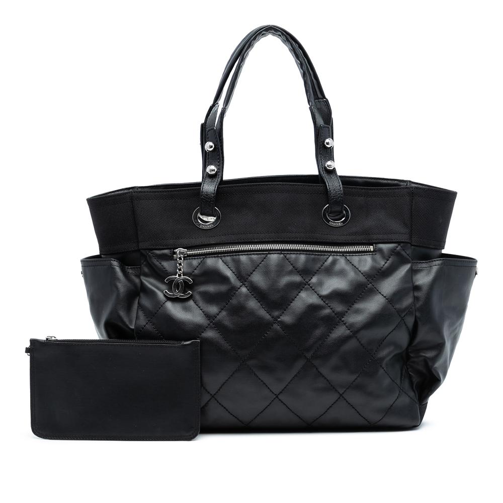 Chanel AB Chanel Black Coated Canvas Fabric Large Quilted Paris Biarritz Tote Italy