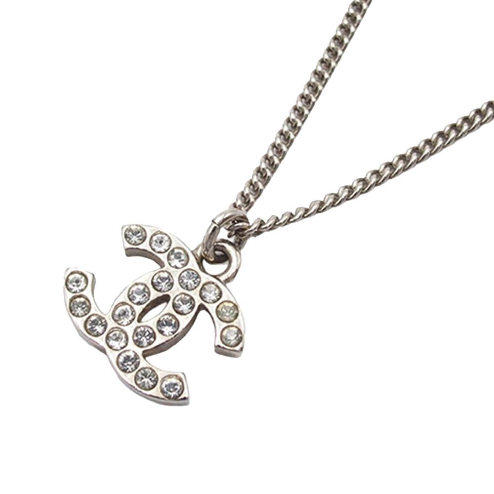 Chanel AB Chanel Silver Silver Plated Metal CC Rhinestones Pendant Necklace France