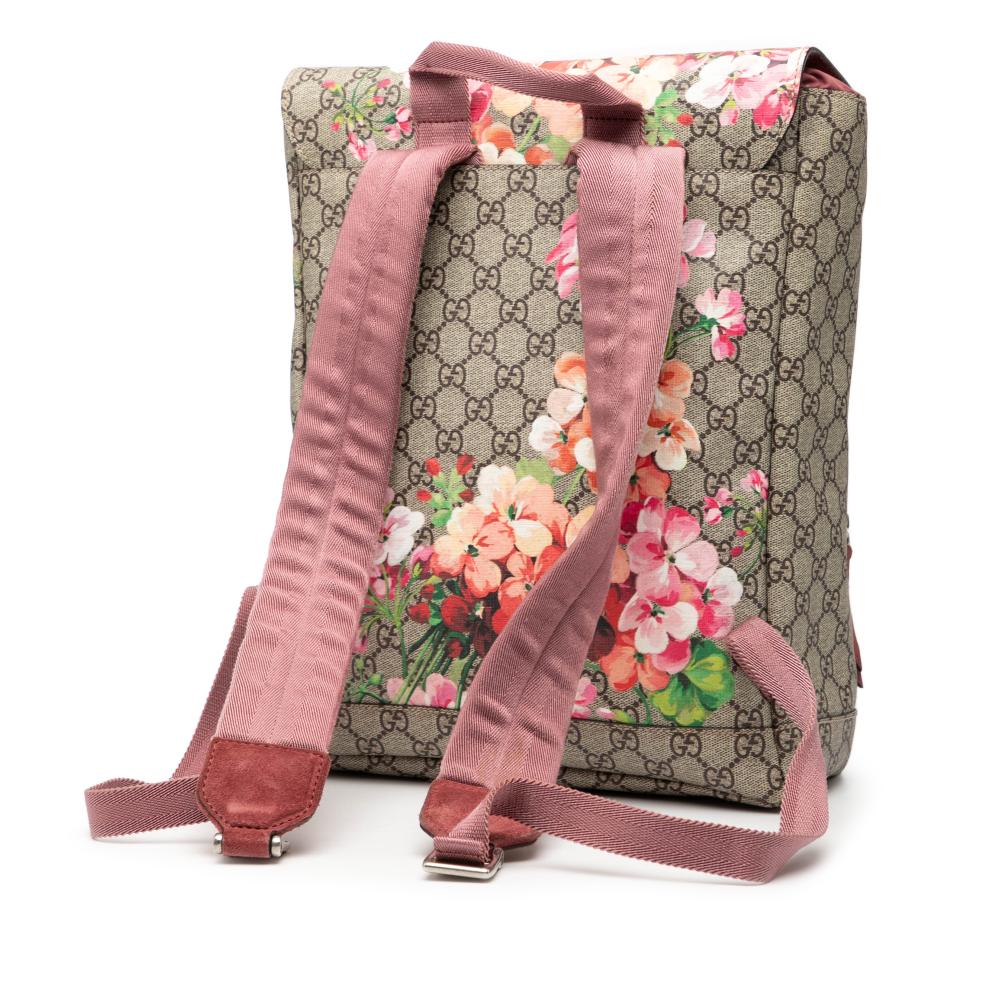 Gucci AB Gucci Brown Beige Coated Canvas Fabric GG Supreme Blooms Single Buckle Backpack Italy