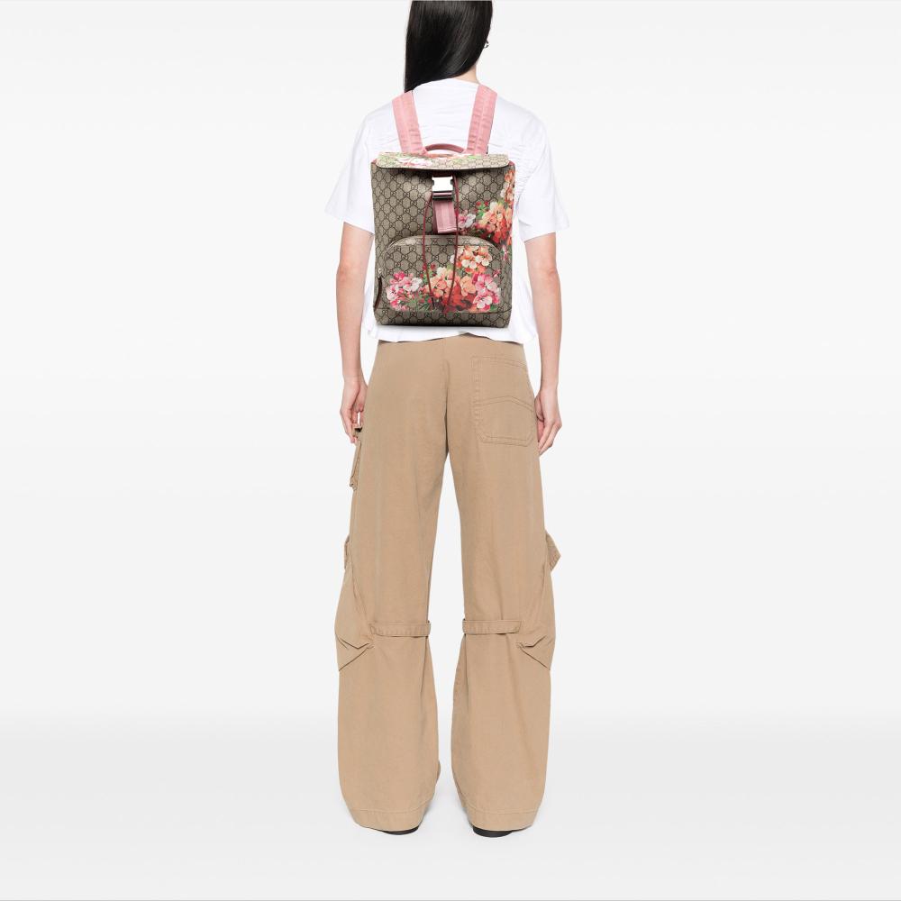 Gucci AB Gucci Brown Beige Coated Canvas Fabric GG Supreme Blooms Single Buckle Backpack Italy