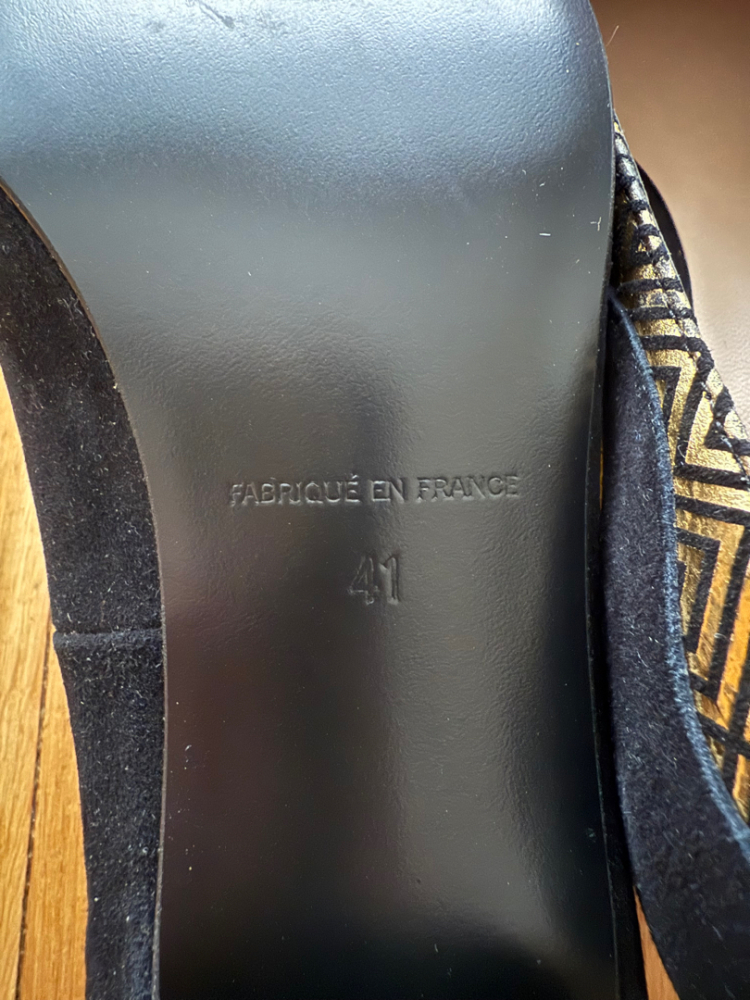 Mellow Yellow Black and gold moccasins with small heels