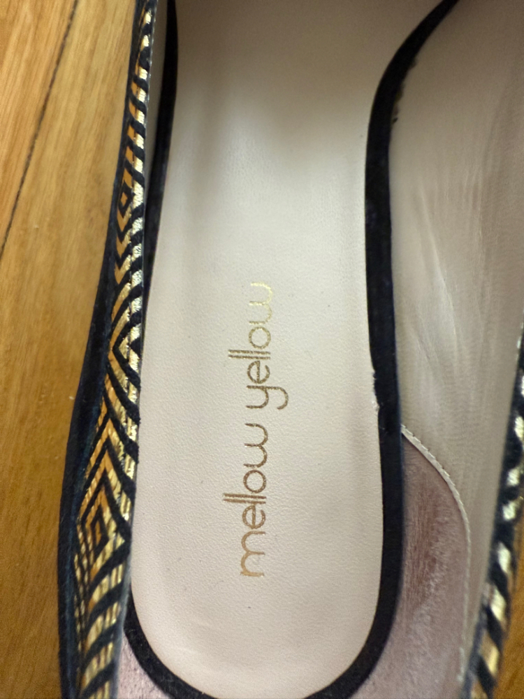 Mellow Yellow Black and gold moccasins with small heels