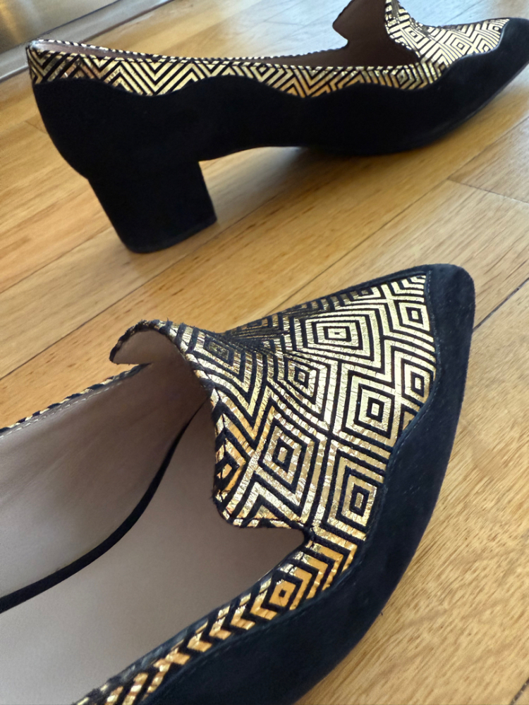 Mellow Yellow Black and gold moccasins with small heels