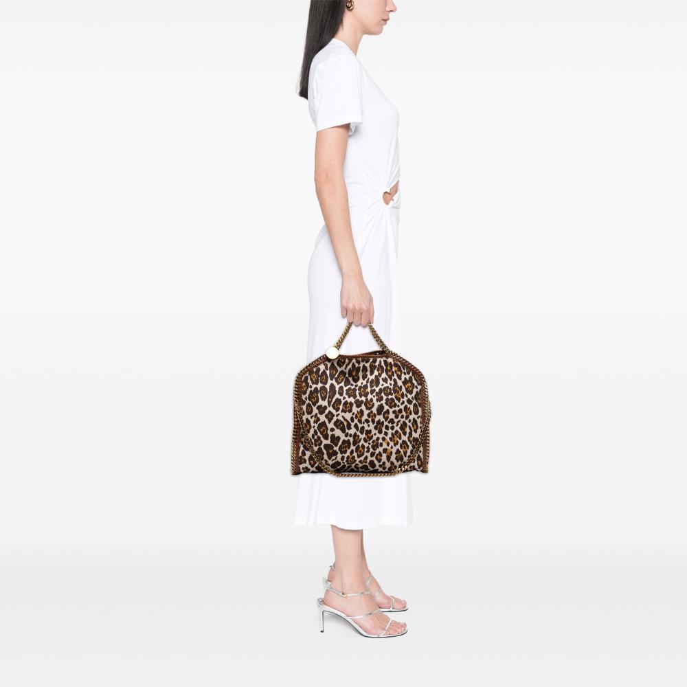 Stella McCartney AB Stella McCartney White with Brown Canvas Fabric Falabella Leopard Printed Fold Over Tote Italy