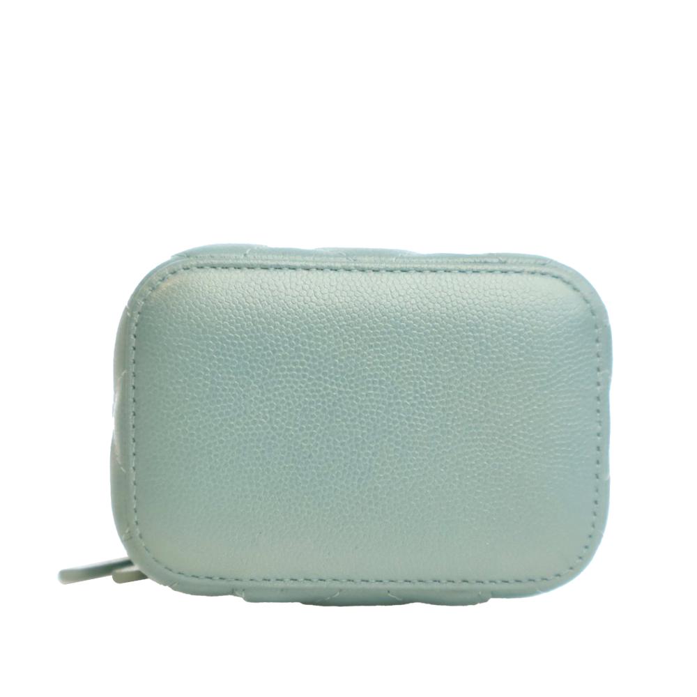 Chanel Green Mini Quilted Iridescent Caviar Pearl On Top Vanity Case With Chain Italy