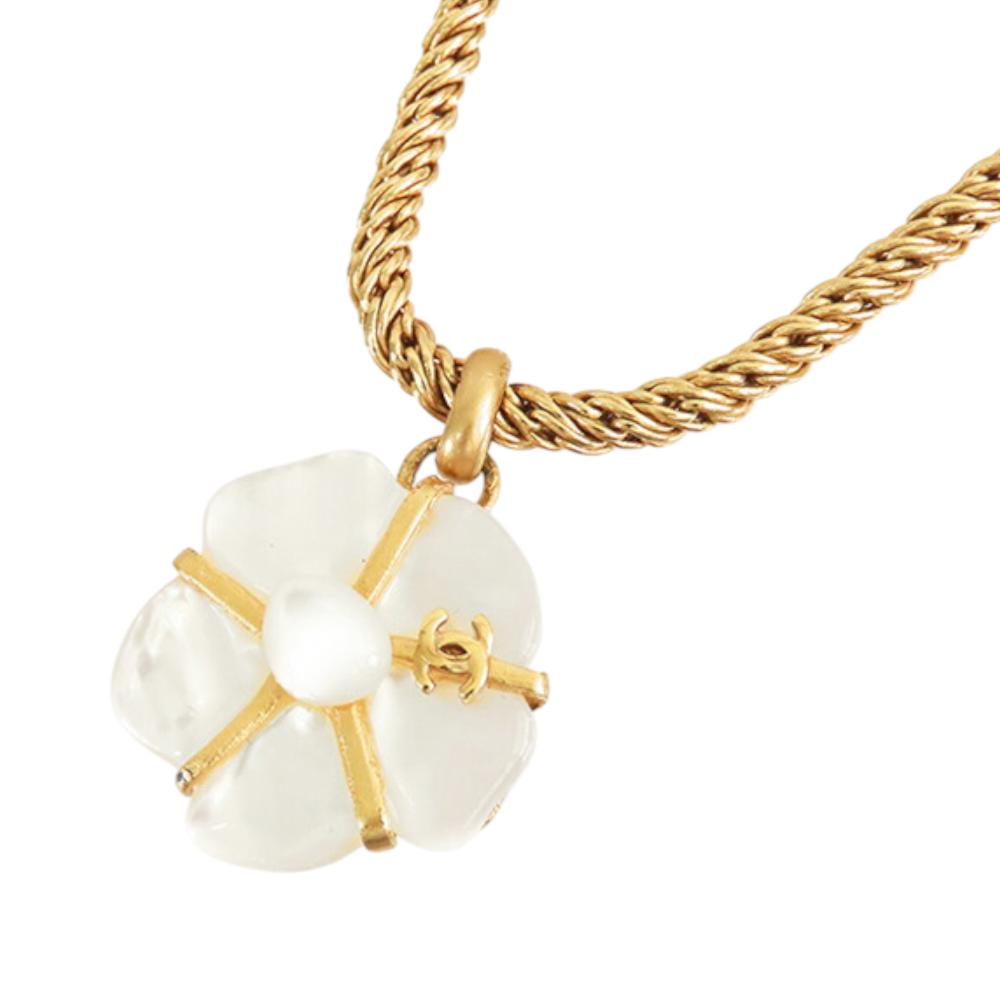 Chanel B Chanel Gold with White Gold Plated Metal Mother of Pearl Camellia Pendant Necklace France