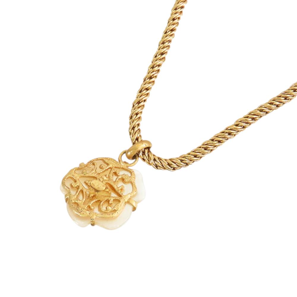 Chanel B Chanel Gold with White Gold Plated Metal Mother of Pearl Camellia Pendant Necklace France