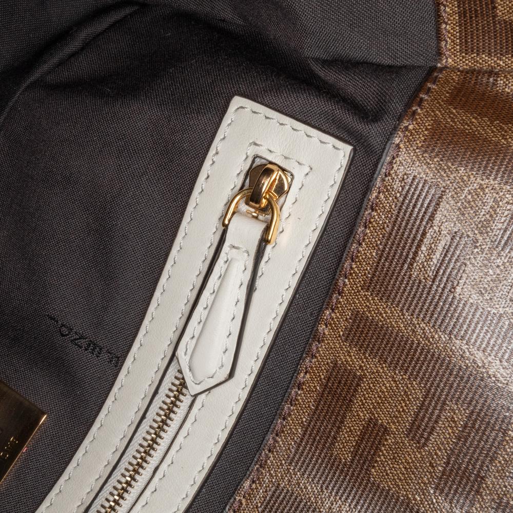 Fendi B Fendi Brown with White Coated Canvas Fabric Zucca Glazed Cage Baguette Satchel Italy