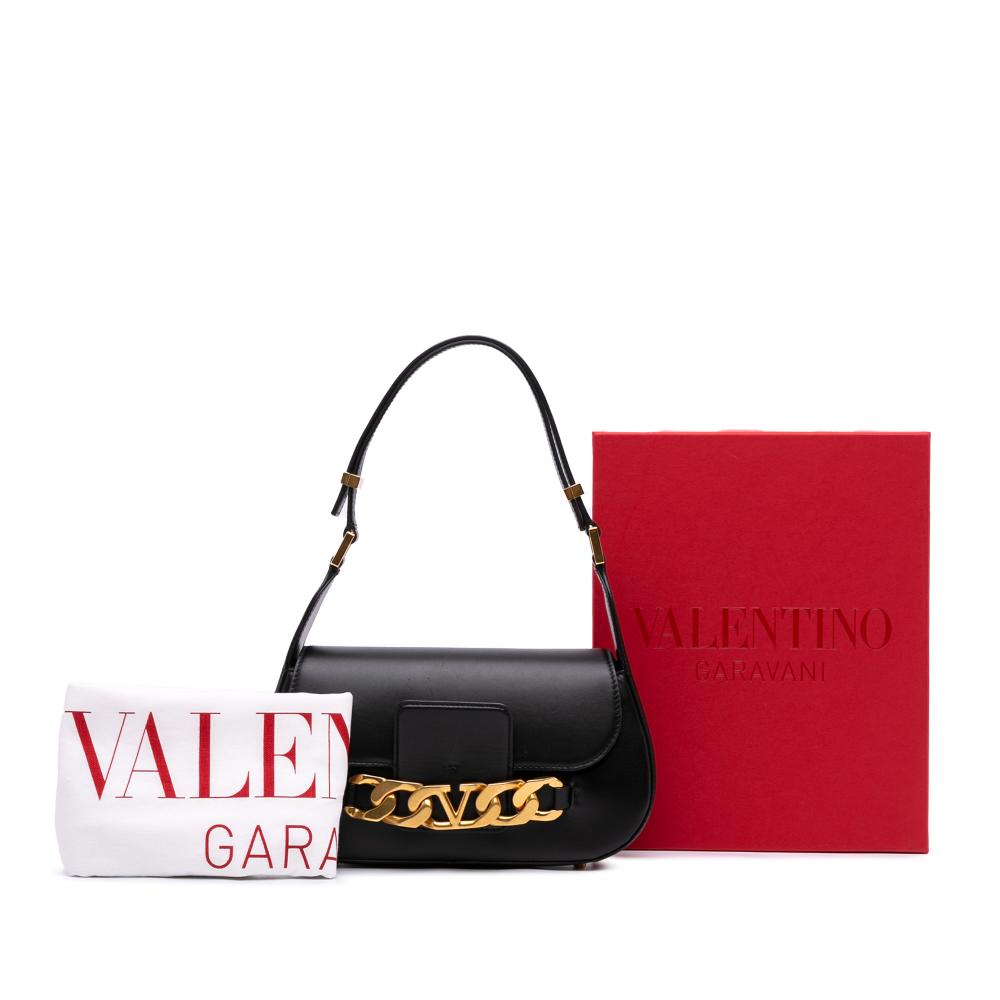 Valentino B Valentino Black Calf Leather Medium Vlogo Chain Shoulder Bag Italy