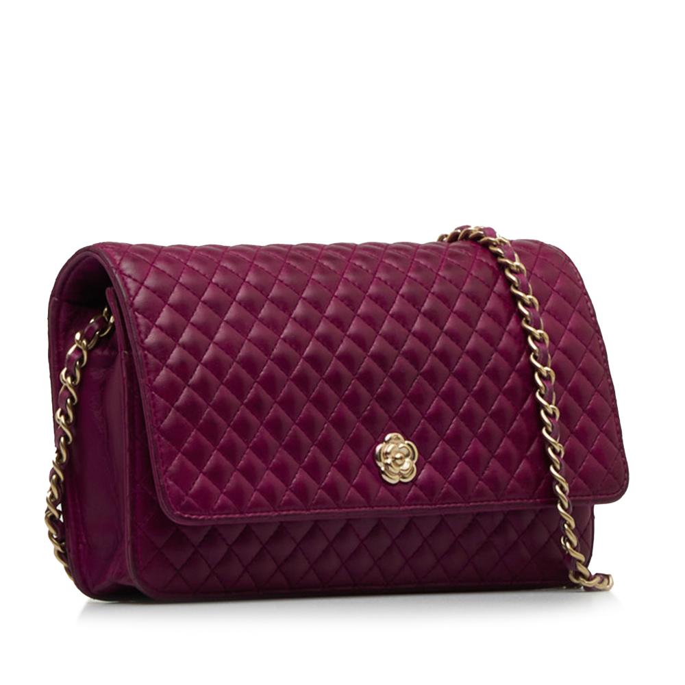 Chanel AB Chanel Purple Magenta Lambskin Leather Leather Quilted Lambskin Camellia Wallet On Chain France