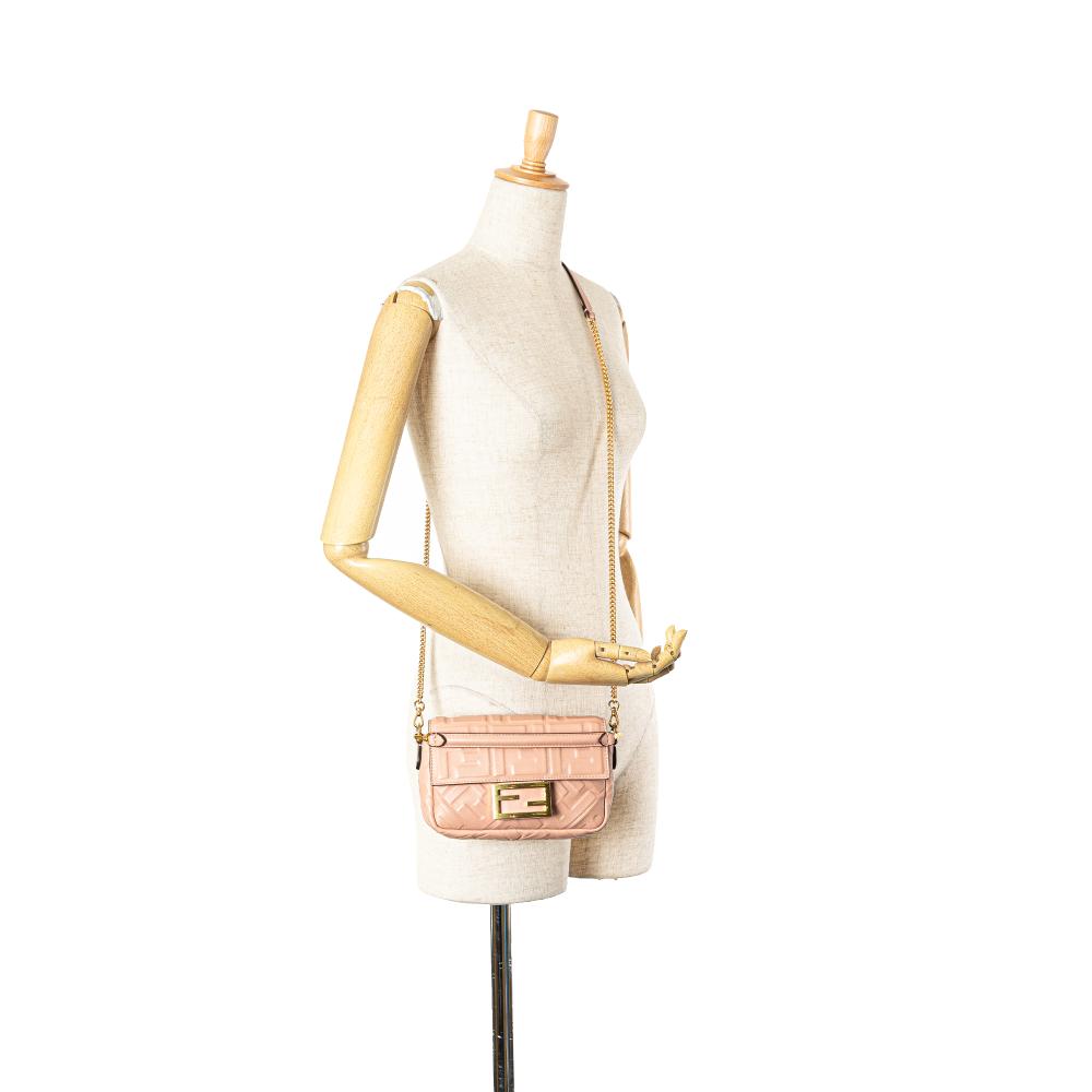 Fendi B Fendi Pink Light Pink Calf Leather Mini Zucca Embossed Baguette Satchel Italy