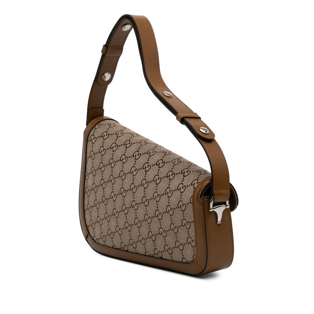 Gucci AB Gucci Brown Beige Canvas Fabric GG Asymmetric Horsebit 1955 Shoulder Bag Italy