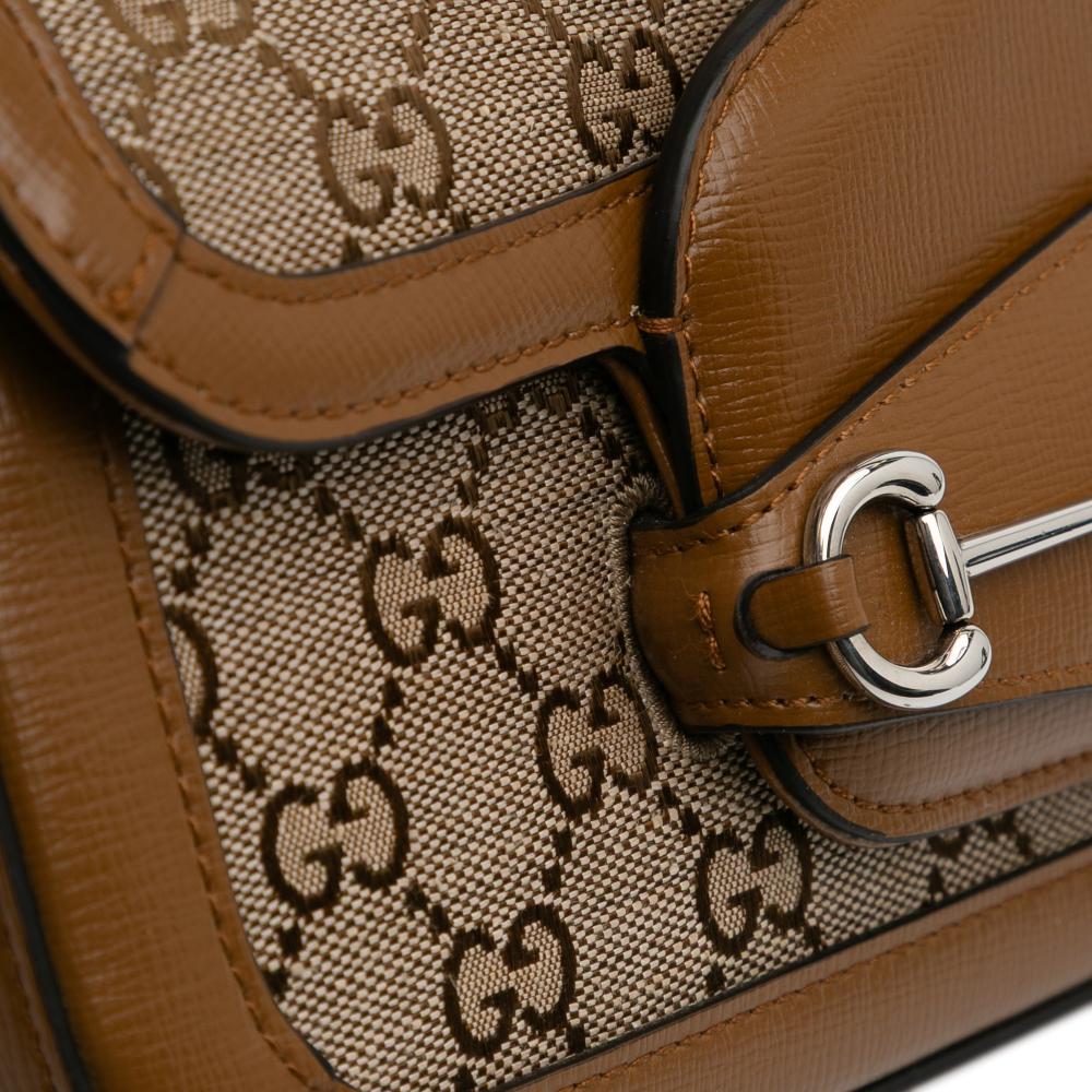 Gucci AB Gucci Brown Beige Canvas Fabric GG Asymmetric Horsebit 1955 Shoulder Bag Italy