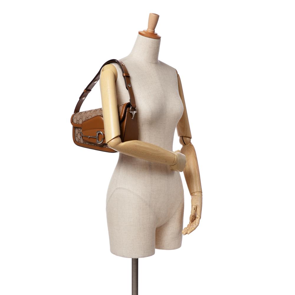 Gucci AB Gucci Brown Beige Canvas Fabric GG Asymmetric Horsebit 1955 Shoulder Bag Italy