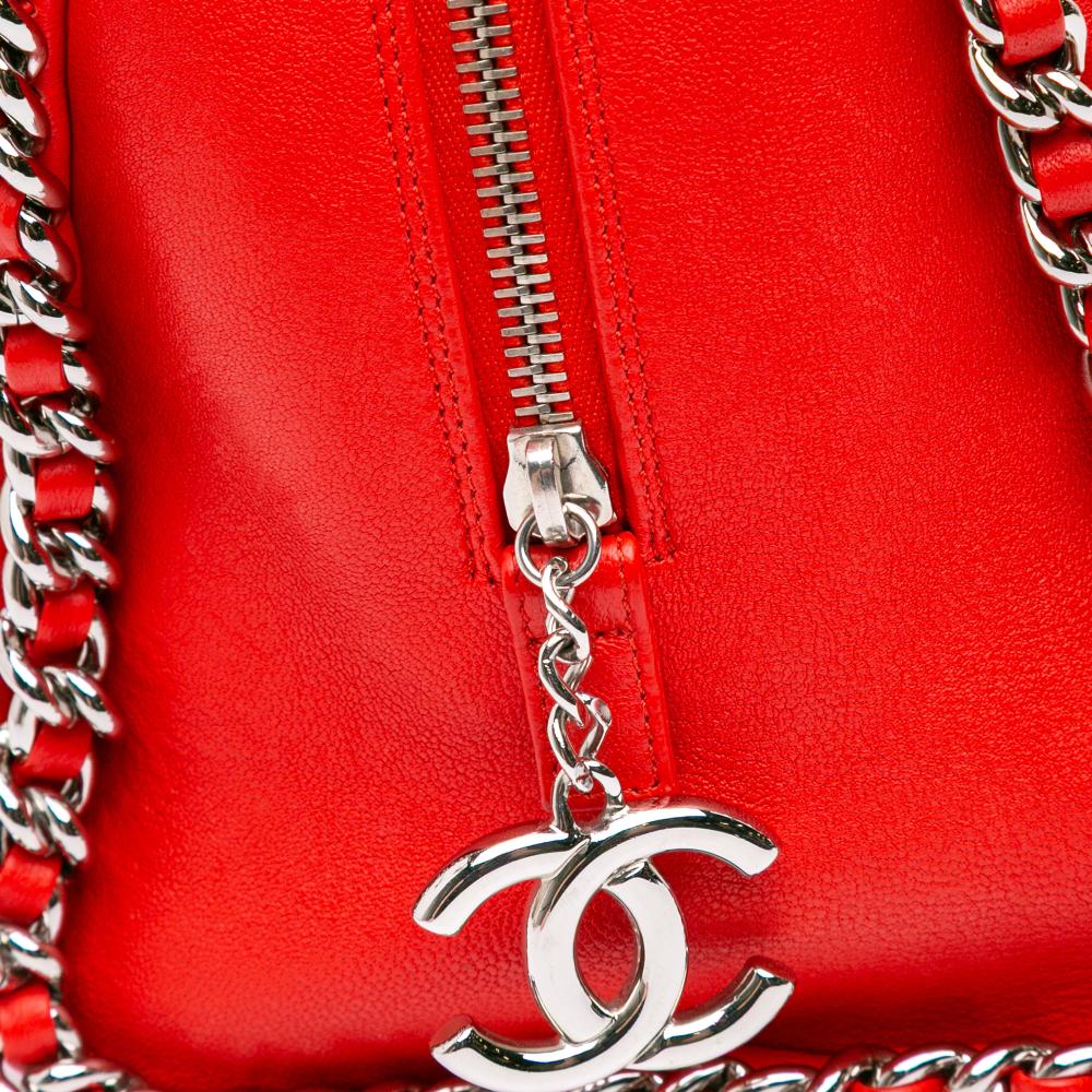 Chanel AB Chanel Red Lambskin Leather Leather Quilted Washed Lambskin Chain Around Bowler Italy