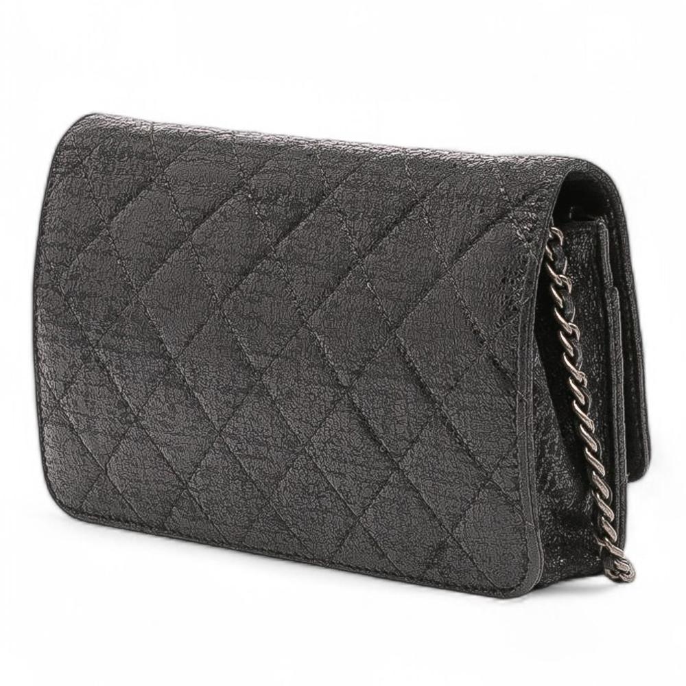 Chanel AB Chanel Black Patent Leather Leather CC Quilted Crinkled Patent Wallet On Chain Italy