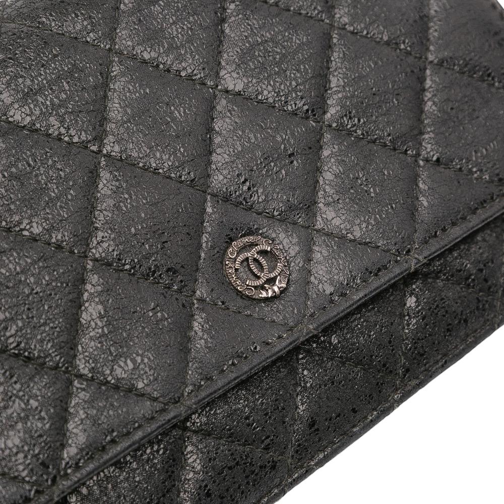Chanel AB Chanel Black Patent Leather Leather CC Quilted Crinkled Patent Wallet On Chain Italy