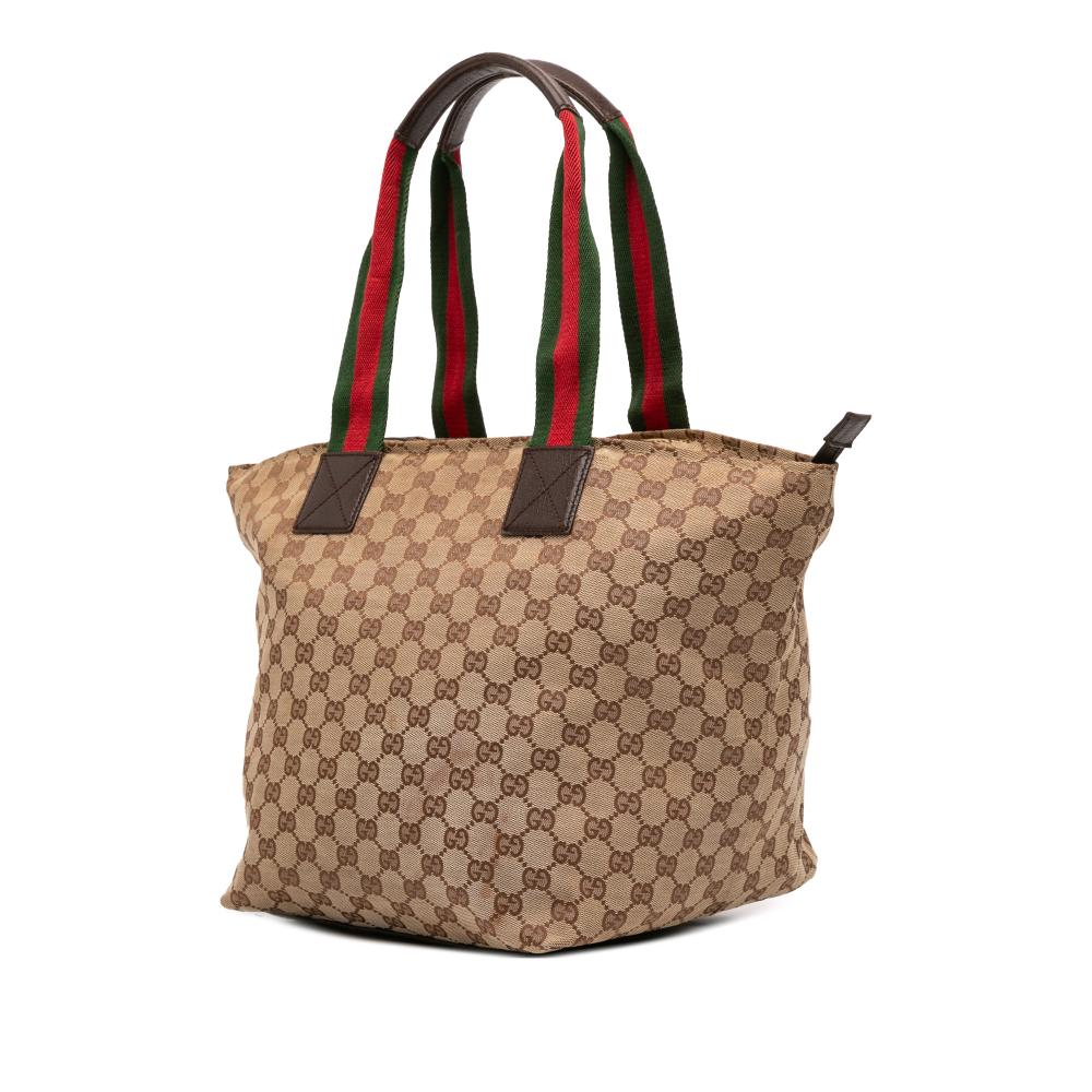 Gucci B Gucci Brown Beige Canvas Fabric GG Web Tote Italy