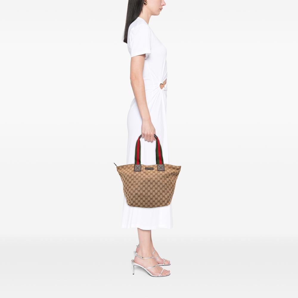 Gucci B Gucci Brown Beige Canvas Fabric GG Web Tote Italy
