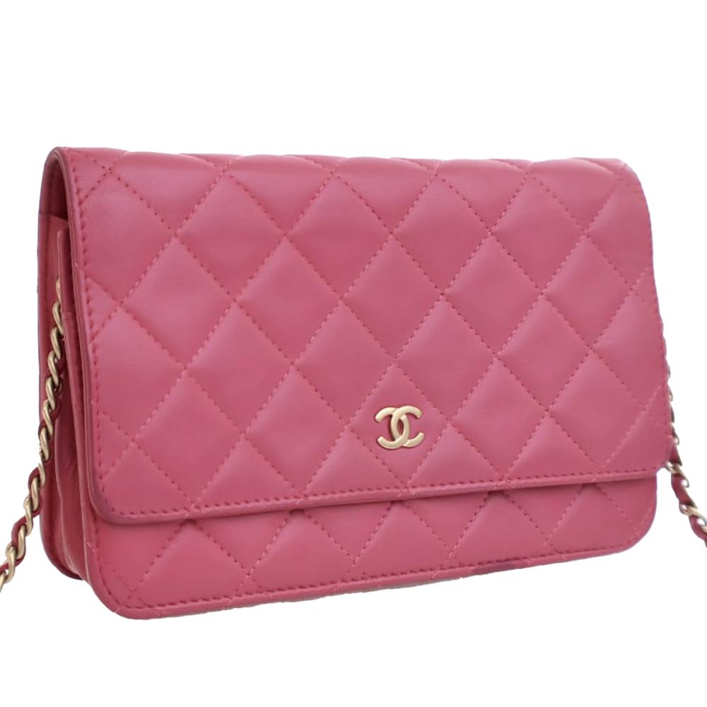 Chanel B Chanel Pink Dark Pink Lambskin Leather Leather Classic Lambskin Wallet on Chain France