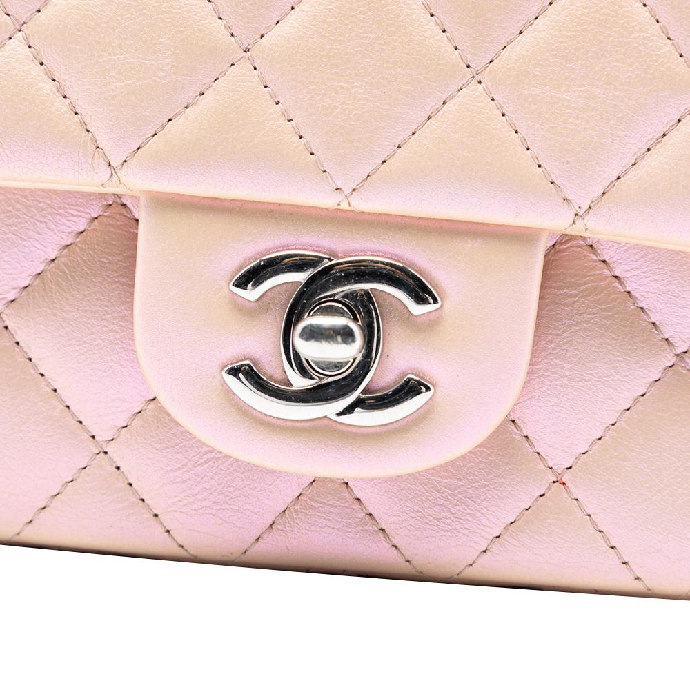 Chanel Pink Mini Rectangular Classic Iridescent Lambskin Single Flap Italy