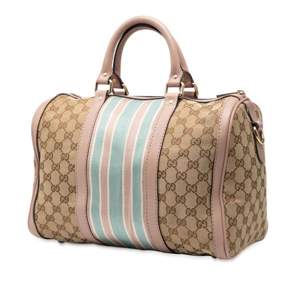 Gucci B Gucci Brown Beige Canvas Fabric Medium GG Web Joy Boston Bag Italy