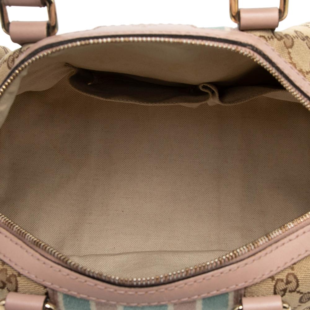 Gucci B Gucci Brown Beige Canvas Fabric Medium GG Web Joy Boston Bag Italy