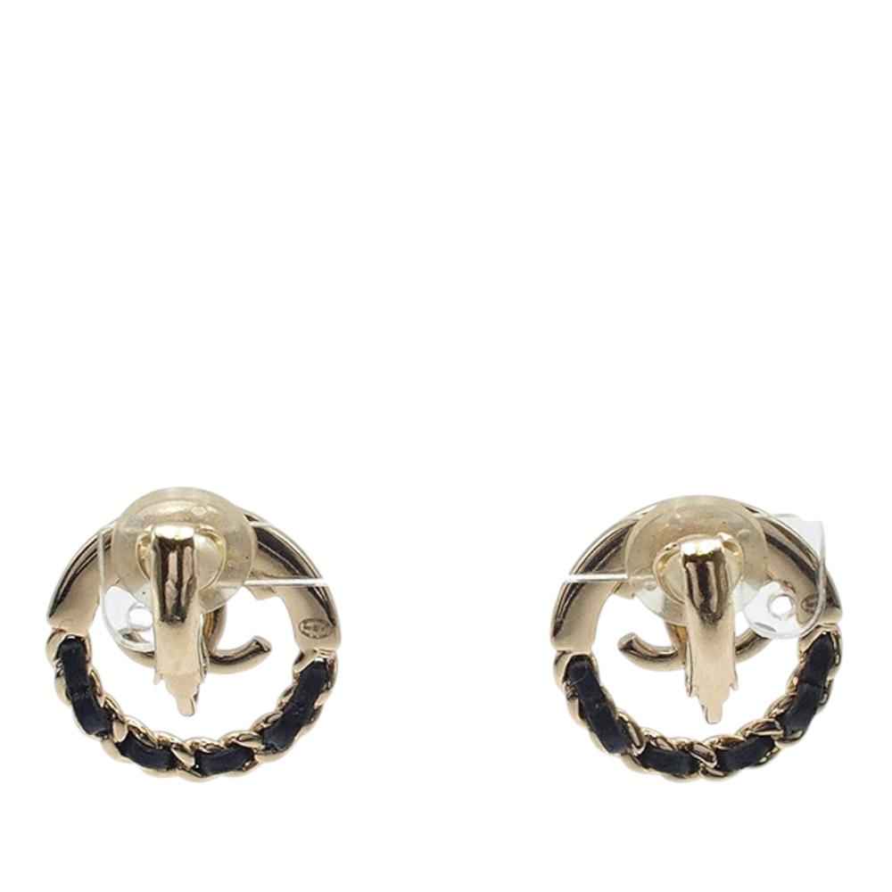 Chanel A Chanel Gold Gold Plated Metal Leather Woven CC Round Clip on Earrings Italy