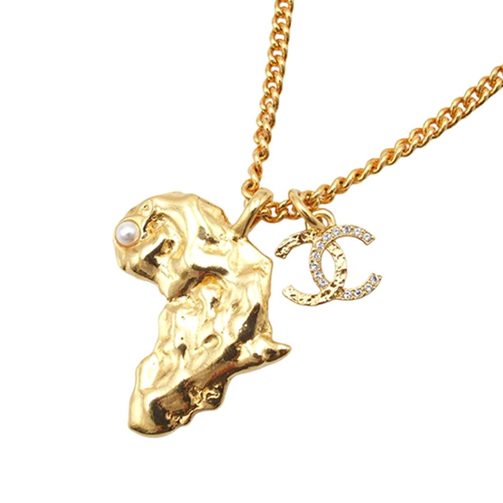 Chanel AB Chanel Gold Gold Plated Metal CC Faux Pearl and Rhinestone Africa Pendant Necklace France