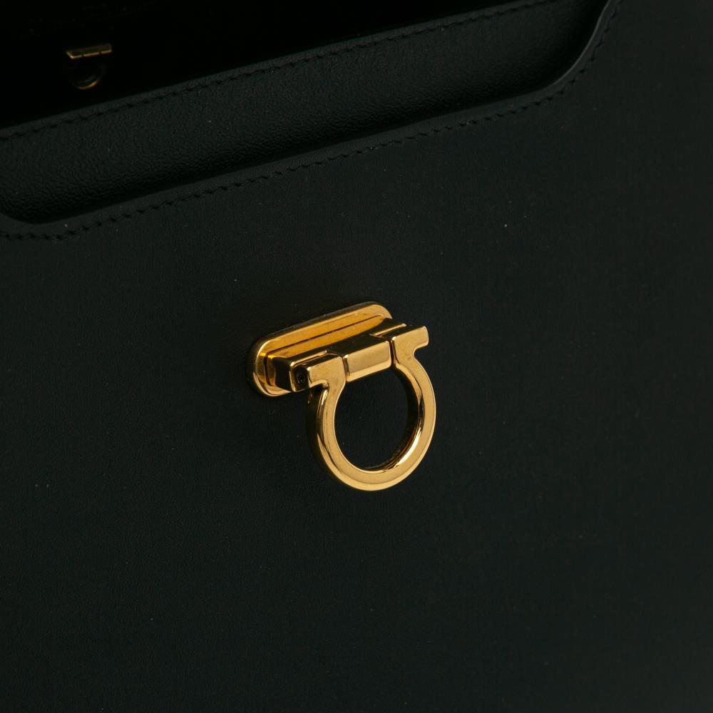 Ferragamo B Ferragamo Black Calf Leather Gancini Trifolio Satchel Italy