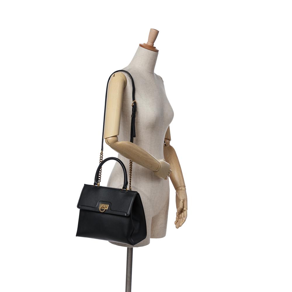 Ferragamo B Ferragamo Black Calf Leather Gancini Trifolio Satchel Italy