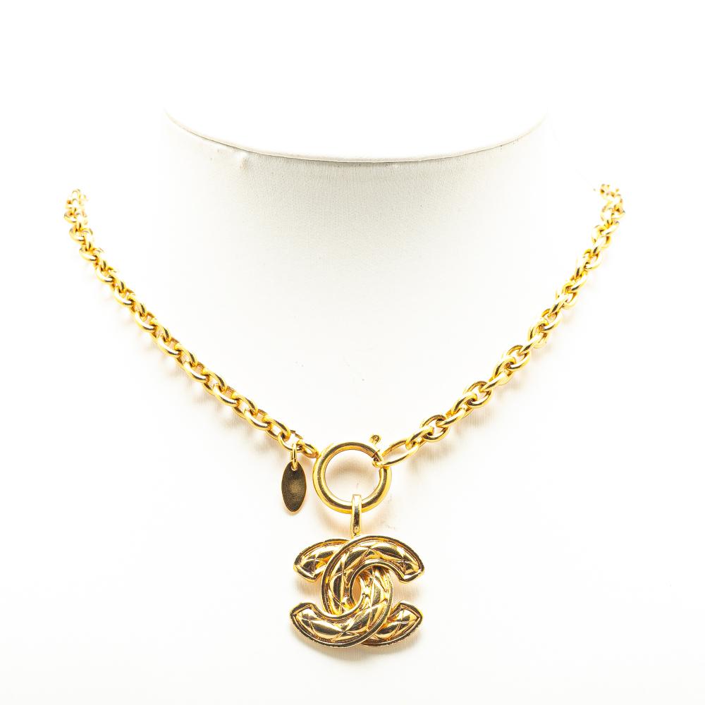 Chanel B Chanel Gold Gold Plated Metal CC Quilted Pendant Necklace France