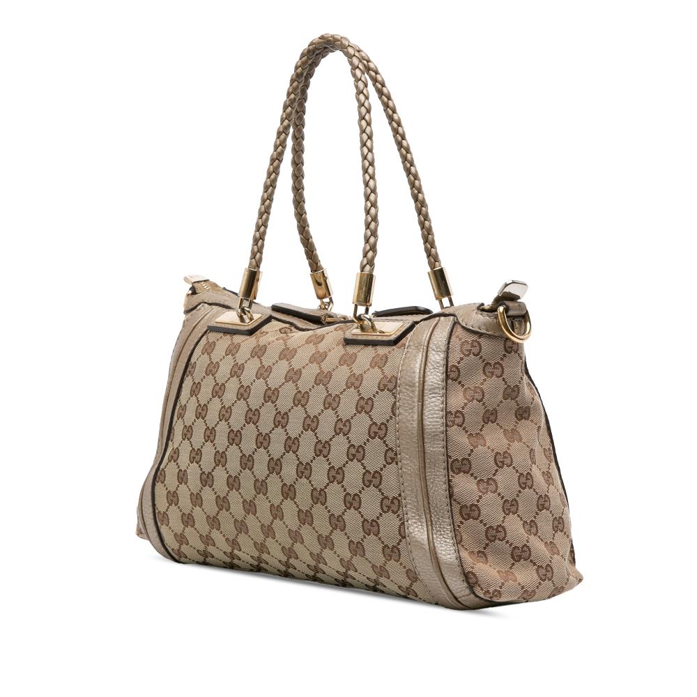 Gucci B Gucci Brown Beige with Gold Light Gold Canvas Fabric GG Bella Satchel Italy