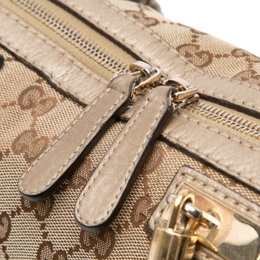 Gucci B Gucci Brown Beige with Gold Light Gold Canvas Fabric GG Bella Satchel Italy