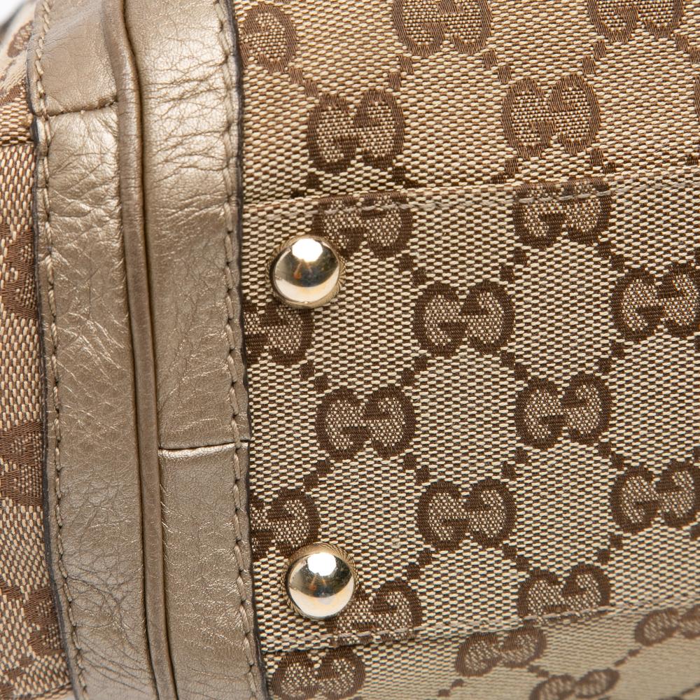 Gucci B Gucci Brown Beige with Gold Light Gold Canvas Fabric GG Bella Satchel Italy