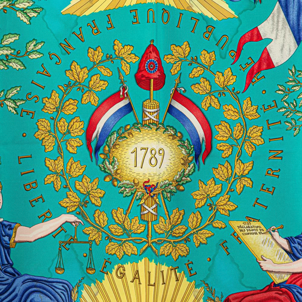 Hermès Blue Turquoise Silk Fabric Republique Francaise Liberte Egalite Fraternite 1789 Scarf France