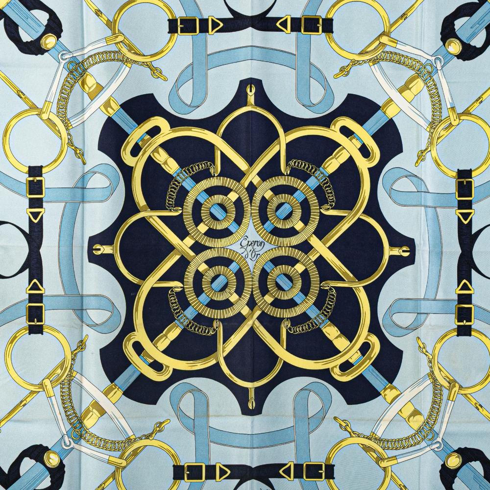 Hermès B Hermès Blue Light Blue Silk Fabric Eperon D'Or Scarf France