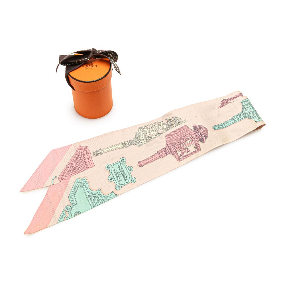 Hermès AB Hermès Pink Light Pink with Multi Silk Fabric Merveilleuses Lanternes Twilly Scarf France