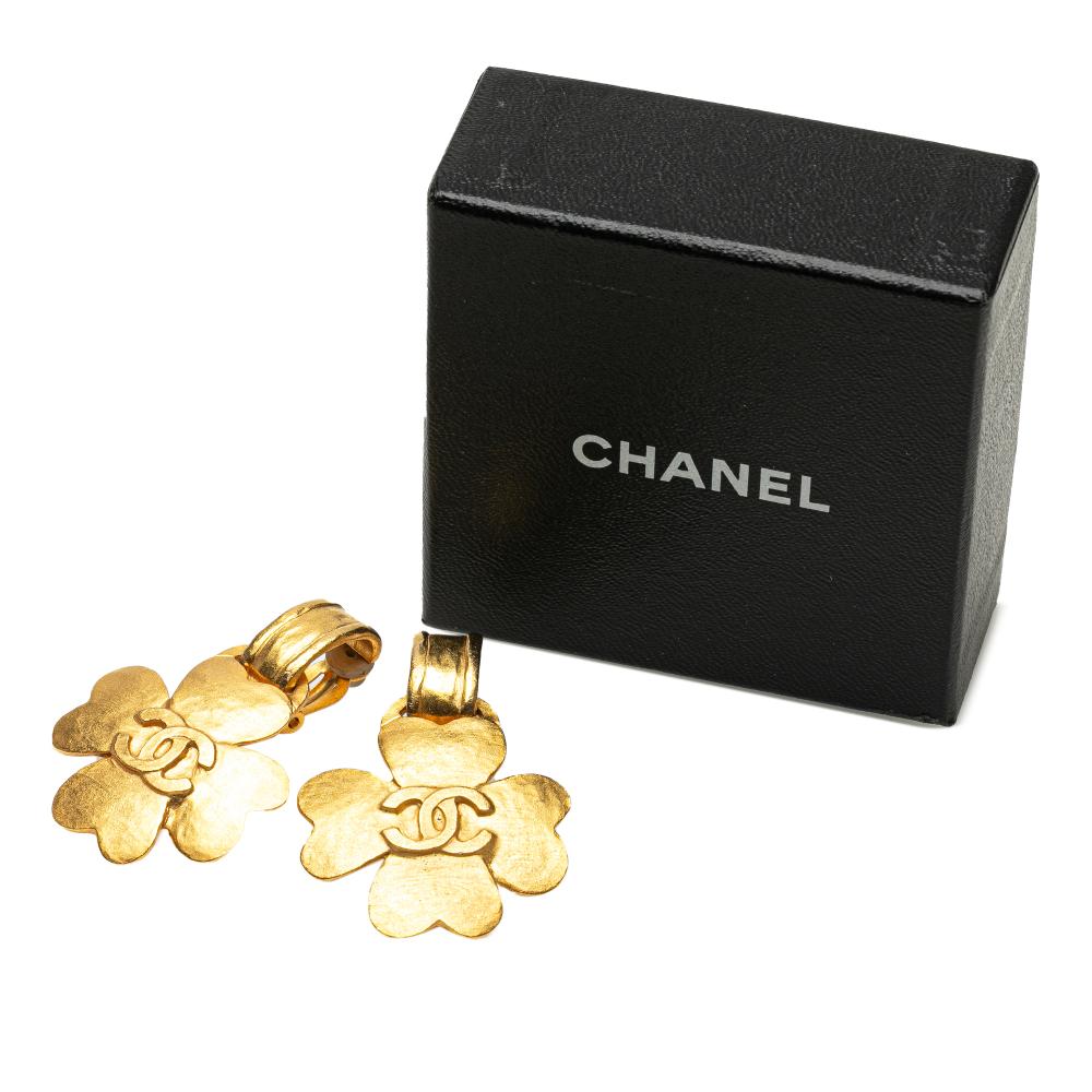 Chanel B Chanel Gold Gold Plated Metal CC Clover Clip on Earrings France