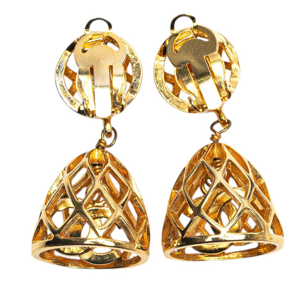 Chanel B Chanel Gold Gold Plated Metal CC Bird Cage Drop Clip On Earrings France