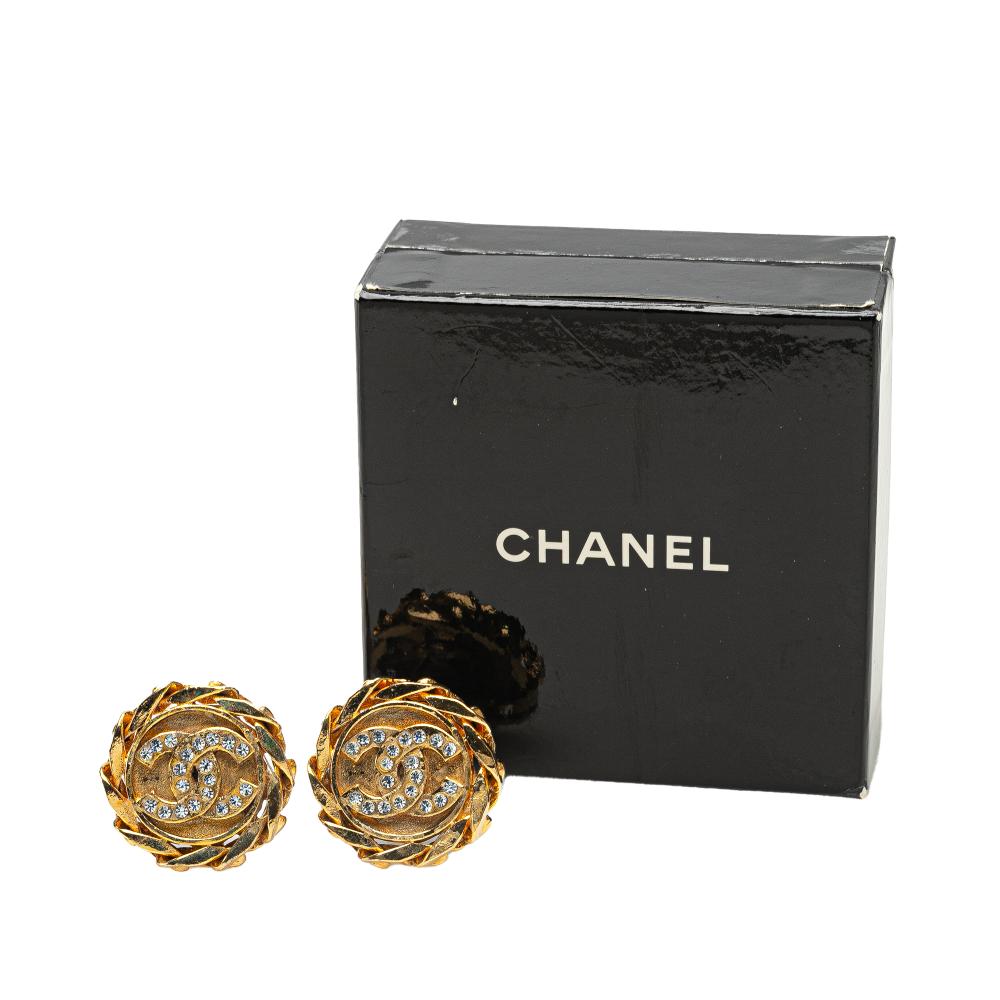 Chanel B Chanel Gold Gold Plated Metal CC Crystal Clip On Earrings France