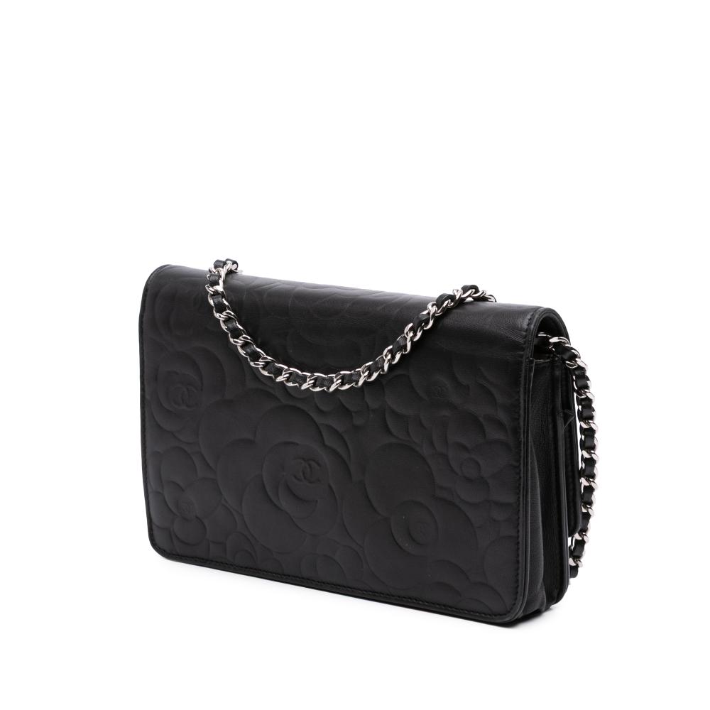 Chanel B Chanel Black Lambskin Leather Leather CC Embossed Lambskin Camellia Wallet On Chain France