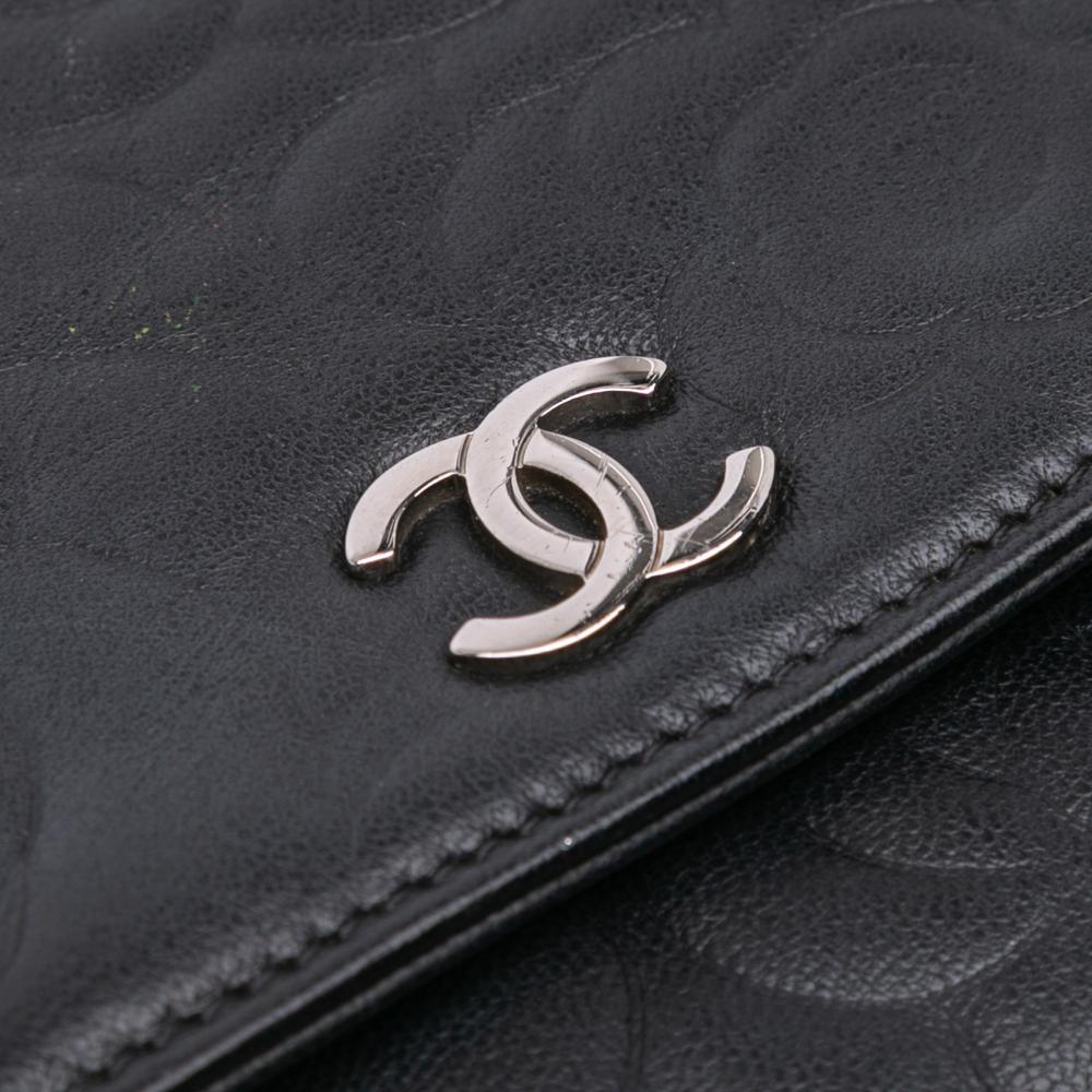 Chanel B Chanel Black Lambskin Leather Leather CC Embossed Lambskin Camellia Wallet On Chain France