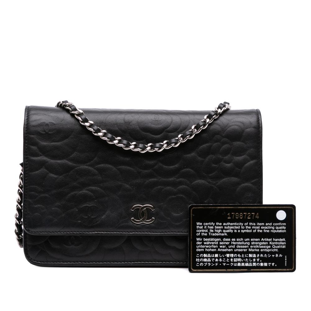 Chanel B Chanel Black Lambskin Leather Leather CC Embossed Lambskin Camellia Wallet On Chain France