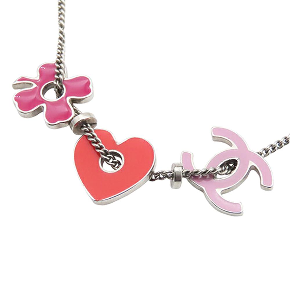 Chanel AB Chanel Silver Silver Metal CC Plated Enamel Heart and Clover Charm Pendant Necklace Italy