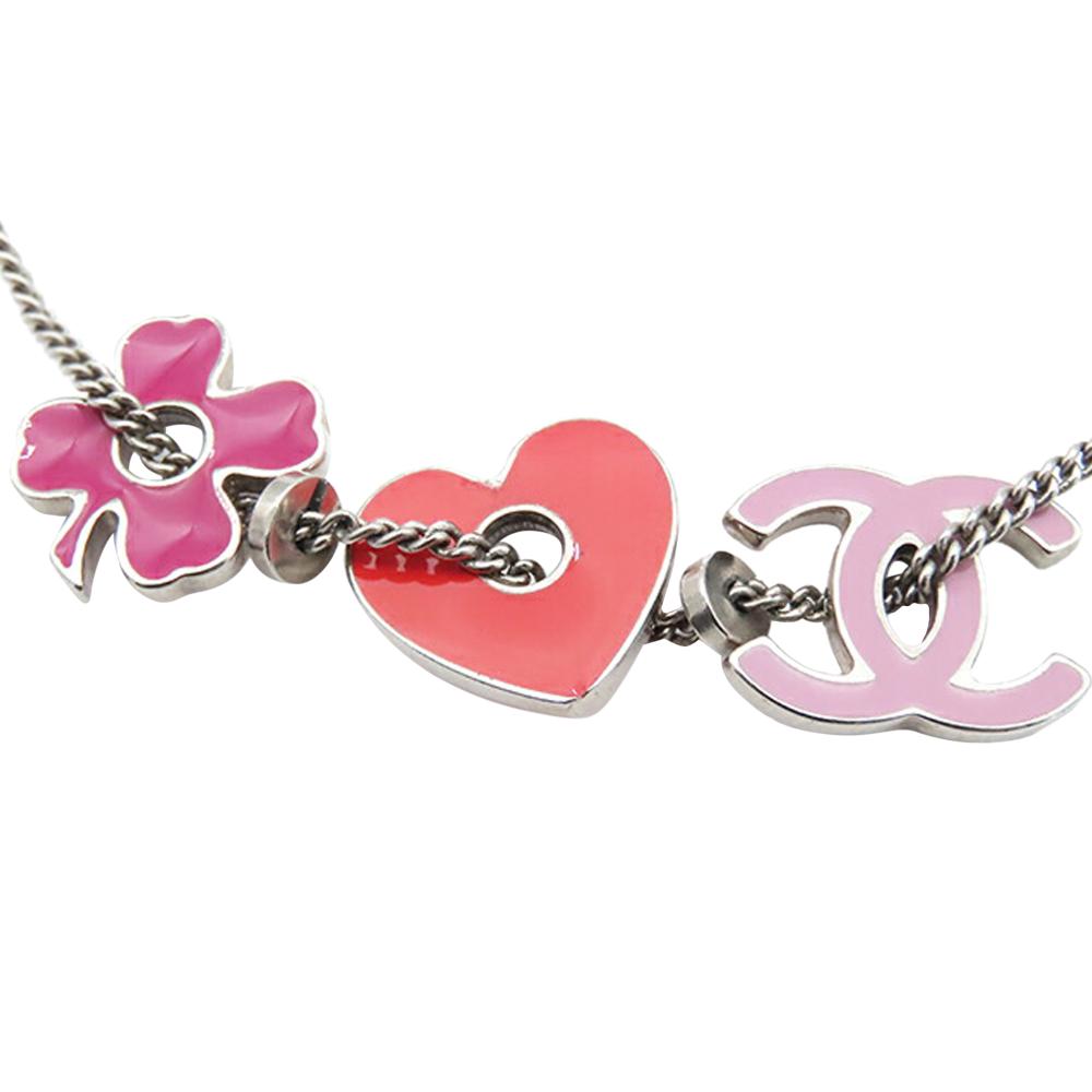 Chanel AB Chanel Silver Silver Metal CC Plated Enamel Heart and Clover Charm Pendant Necklace Italy